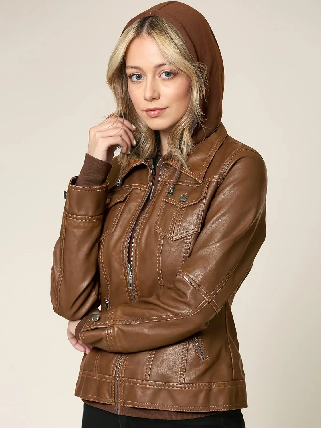 Made By Johnny Faux Leather Jacket Women Motorcycle Coat for Biker with Removable Hood