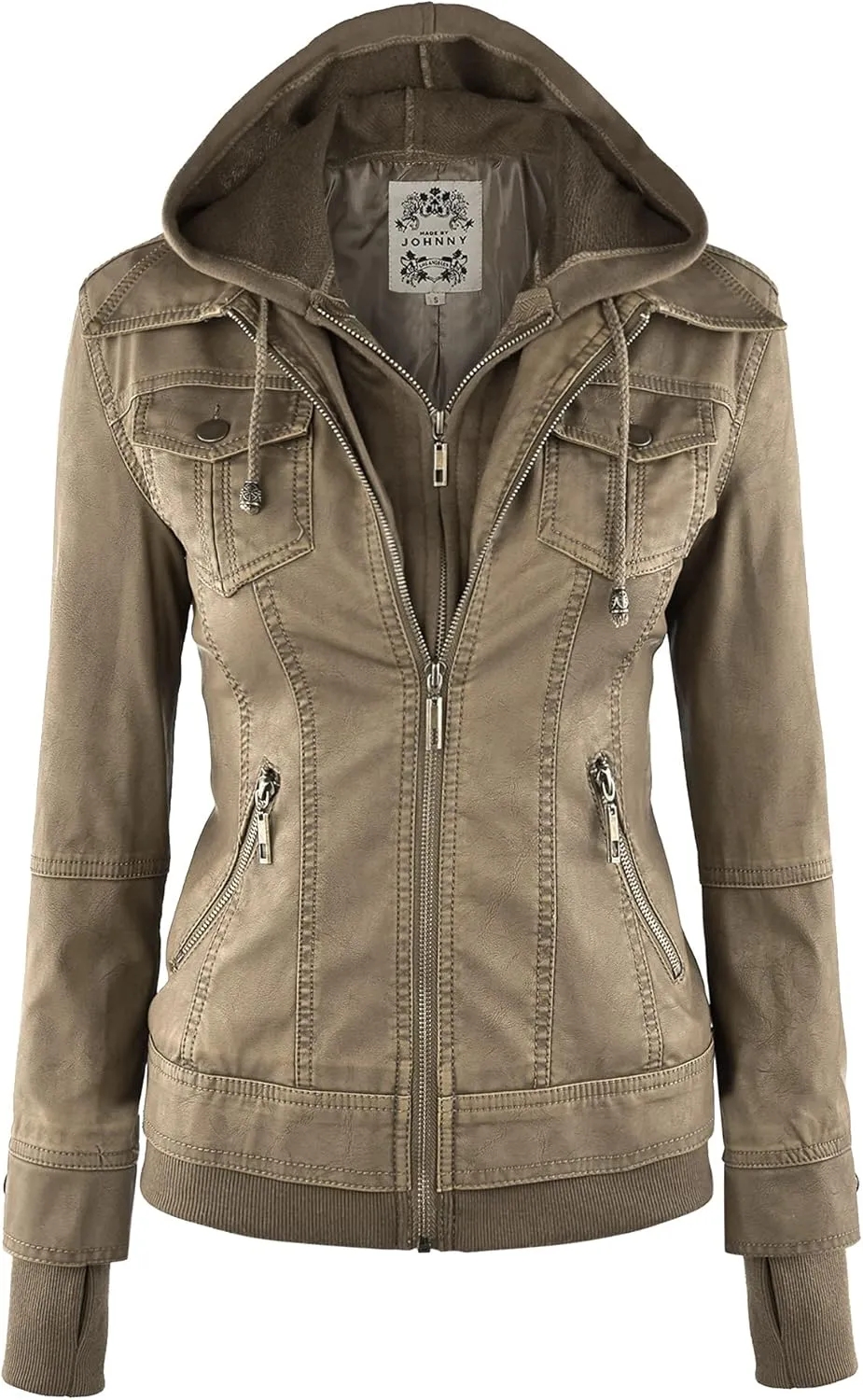 Made By Johnny Faux Leather Jacket Women Motorcycle Coat for Biker with Removable Hood