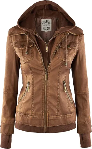 Made By Johnny Faux Leather Jacket Women Motorcycle Coat for Biker with Removable Hood