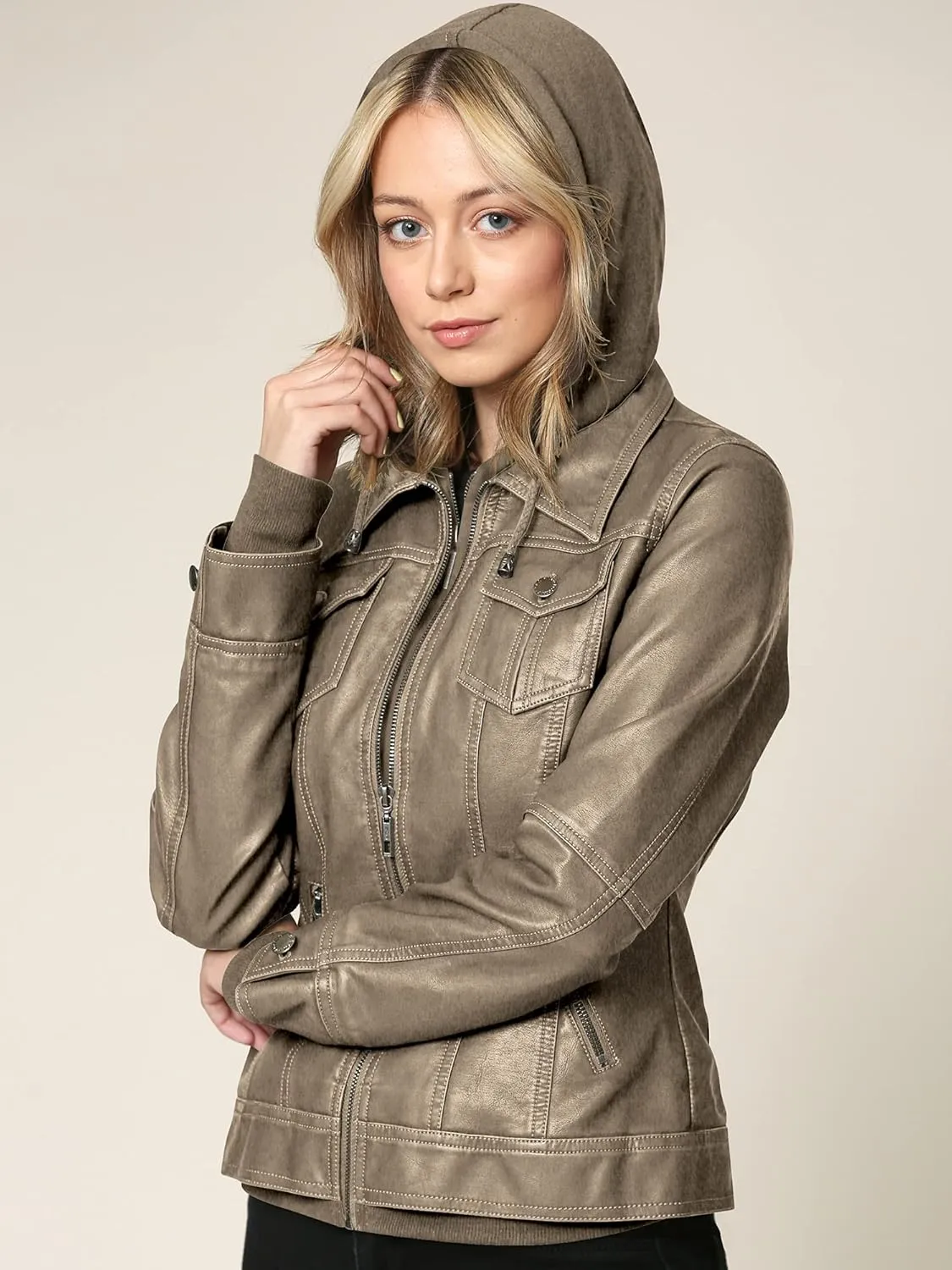 Made By Johnny Faux Leather Jacket Women Motorcycle Coat for Biker with Removable Hood