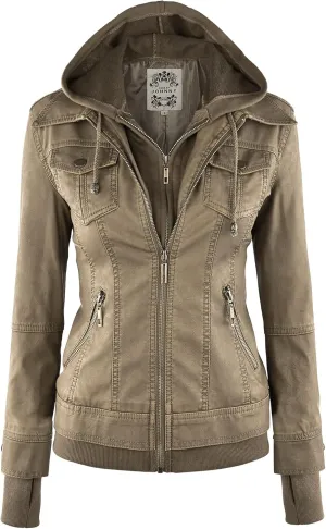 Made By Johnny Faux Leather Jacket Women Motorcycle Coat for Biker with Removable Hood