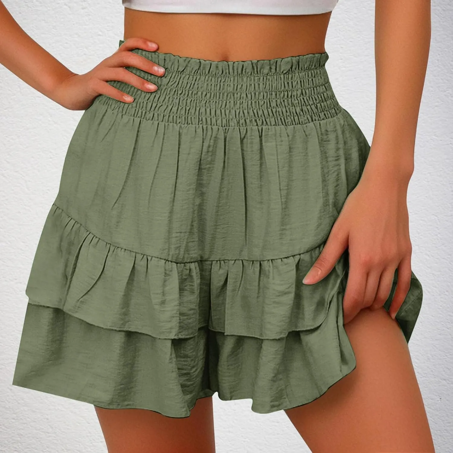 maisdgop Shorts for Women 2024 Summer Pleated Hem Beach Shorts Trendy Ruffle Yoga Shorts Comfy High Waisted Bermuda Shorts