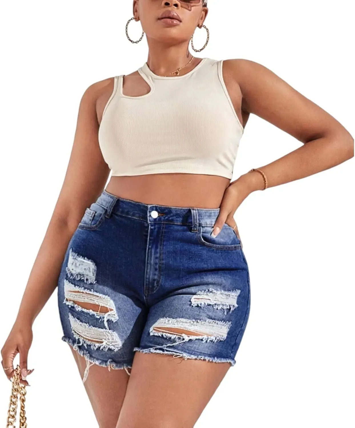MapleHub Plus Size Women's Ripped Denim Jean Shorts High Waisted Stretchy Folded Hem Short Jeans