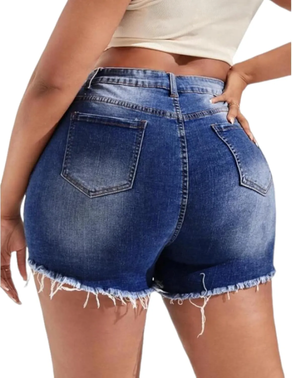 MapleHub Plus Size Women's Ripped Denim Jean Shorts High Waisted Stretchy Folded Hem Short Jeans