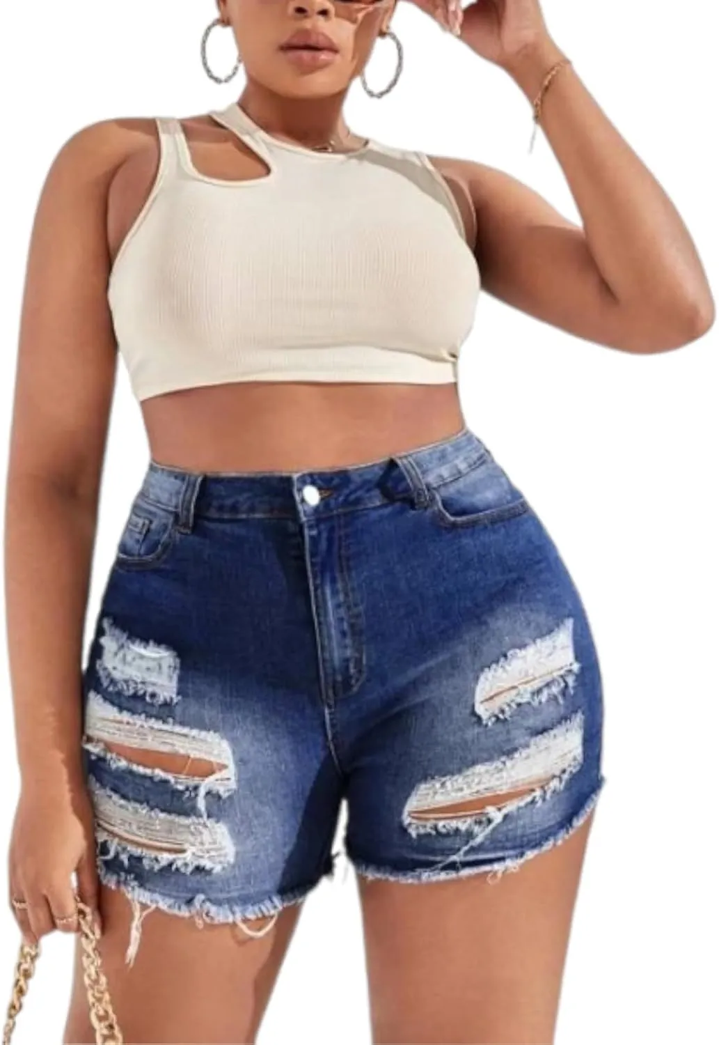 MapleHub Plus Size Women's Ripped Denim Jean Shorts High Waisted Stretchy Folded Hem Short Jeans