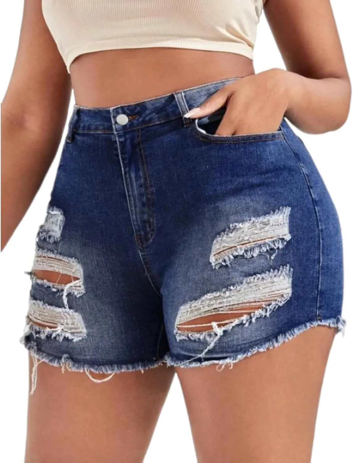 MapleHub Plus Size Women's Ripped Denim Jean Shorts High Waisted Stretchy Folded Hem Short Jeans