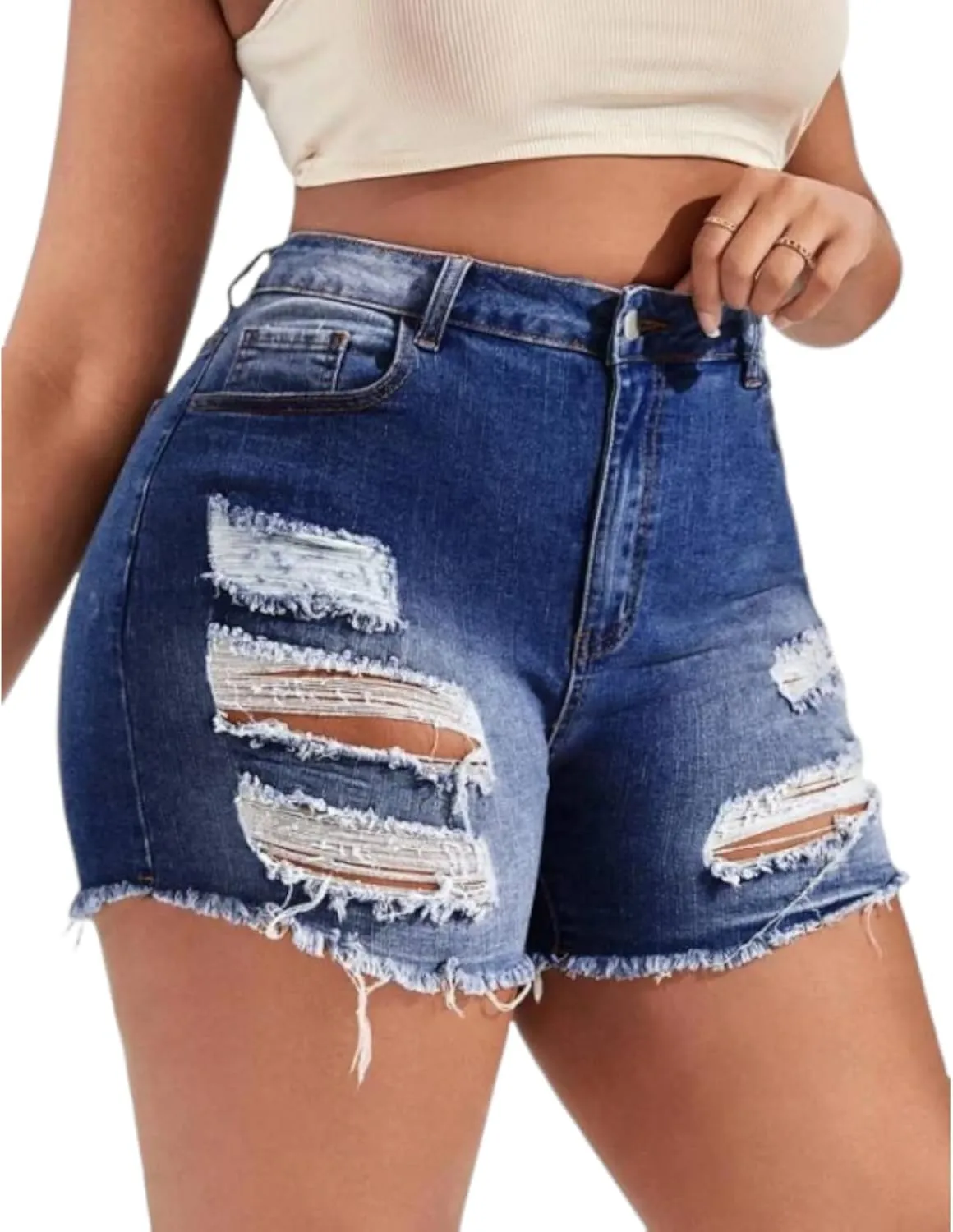 MapleHub Plus Size Women's Ripped Denim Jean Shorts High Waisted Stretchy Folded Hem Short Jeans