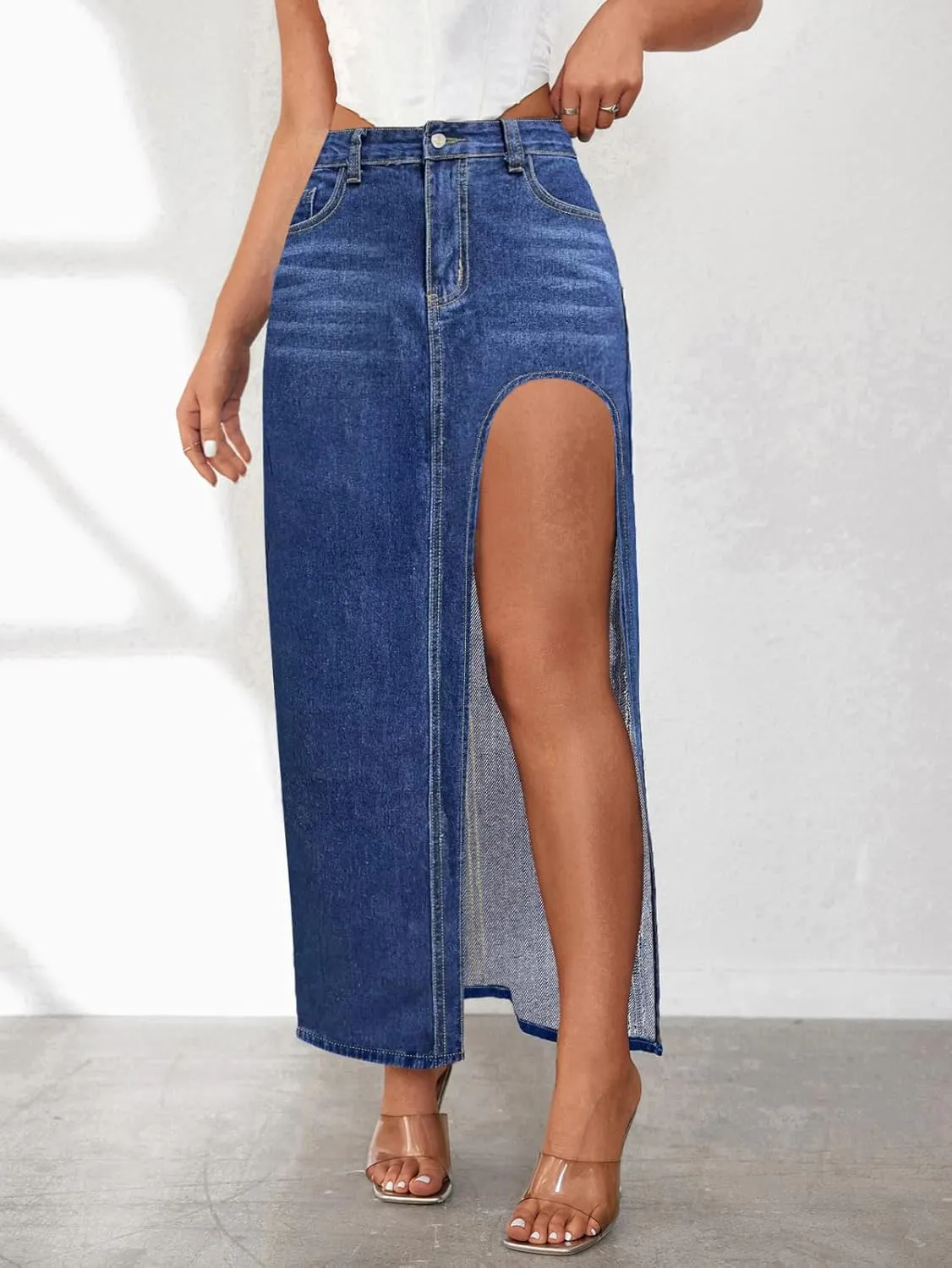 Maxi Skirts for Women High Slit Denim Hip-Wrapped Skirt Floral Print Long Jean Skirts Trendy Sexy Camo Flowy Skirt