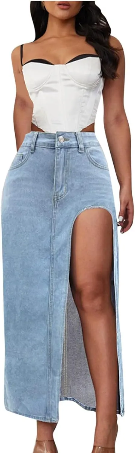 Maxi Skirts for Women High Slit Denim Hip-Wrapped Skirt Floral Print Long Jean Skirts Trendy Sexy Camo Flowy Skirt