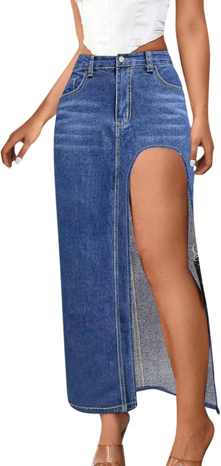Maxi Skirts for Women High Slit Denim Hip-Wrapped Skirt Floral Print Long Jean Skirts Trendy Sexy Camo Flowy Skirt