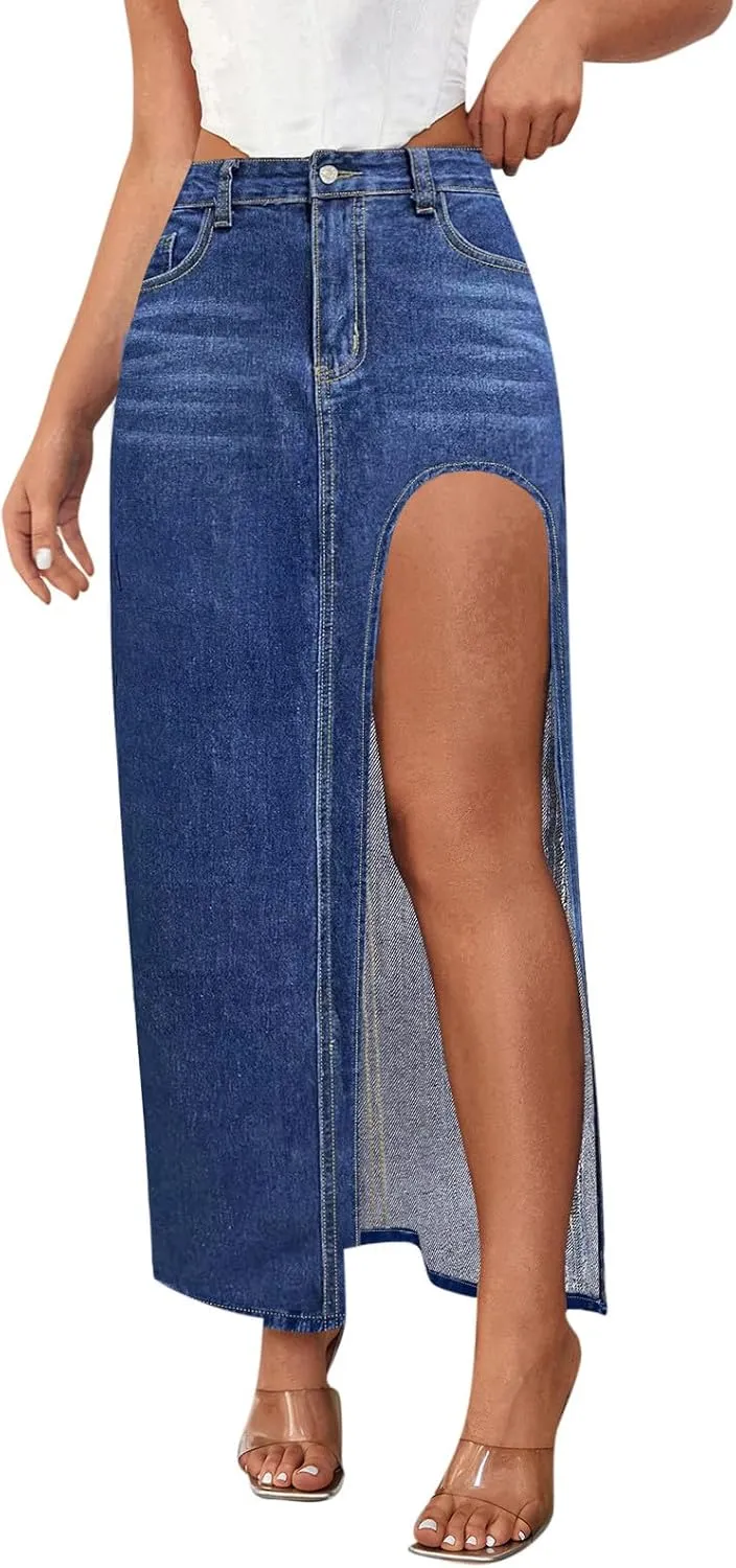 Maxi Skirts for Women High Slit Denim Hip-Wrapped Skirt Floral Print Long Jean Skirts Trendy Sexy Camo Flowy Skirt