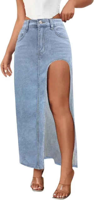 Maxi Skirts for Women High Slit Denim Hip-Wrapped Skirt Floral Print Long Jean Skirts Trendy Sexy Camo Flowy Skirt