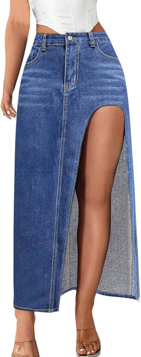 Maxi Skirts for Women High Slit Denim Hip-Wrapped Skirt Floral Print Long Jean Skirts Trendy Sexy Camo Flowy Skirt