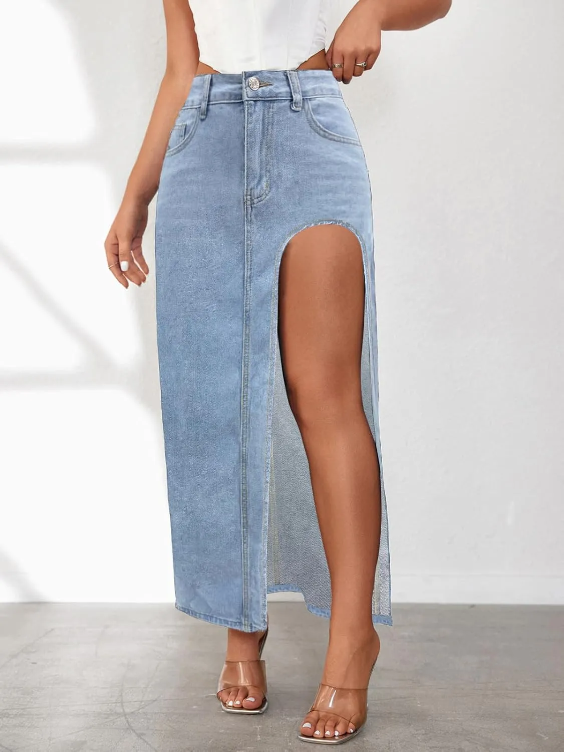 Maxi Skirts for Women High Slit Denim Hip-Wrapped Skirt Floral Print Long Jean Skirts Trendy Sexy Camo Flowy Skirt