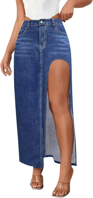 Maxi Skirts for Women High Slit Denim Hip-Wrapped Skirt Floral Print Long Jean Skirts Trendy Sexy Camo Flowy Skirt