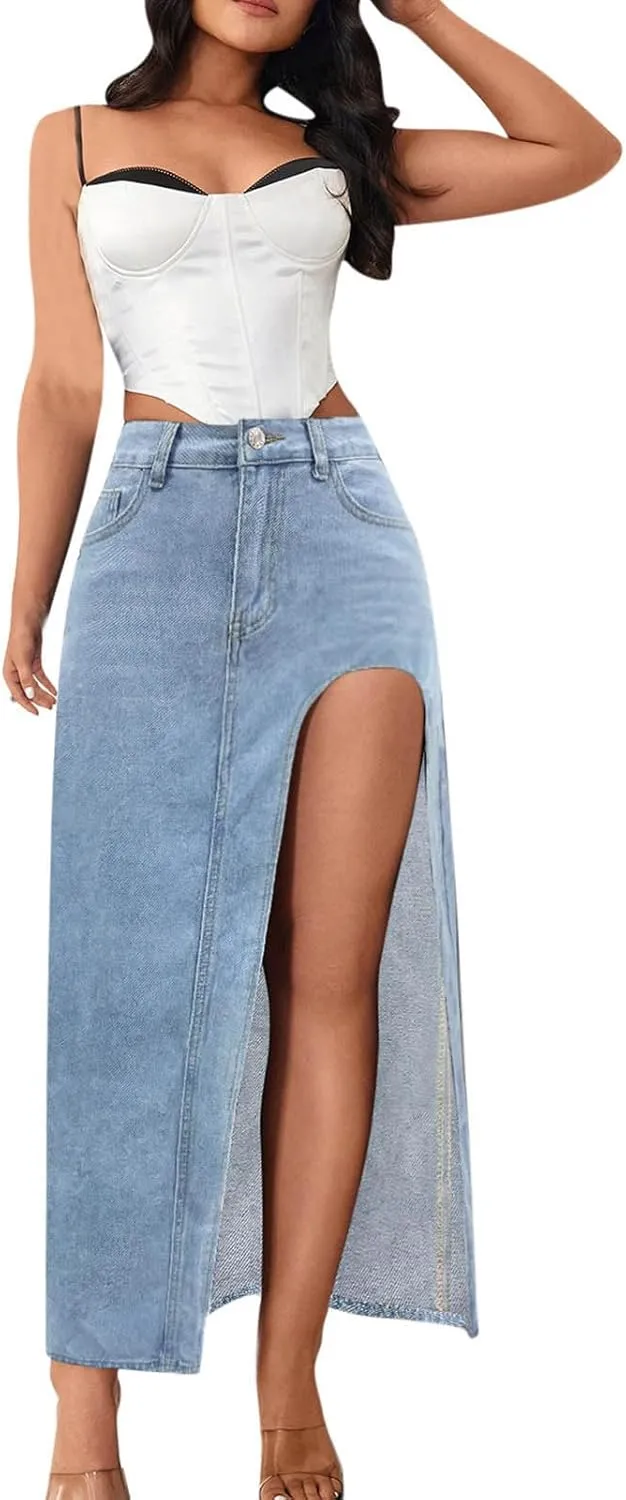 Maxi Skirts for Women High Slit Denim Hip-Wrapped Skirt Floral Print Long Jean Skirts Trendy Sexy Camo Flowy Skirt