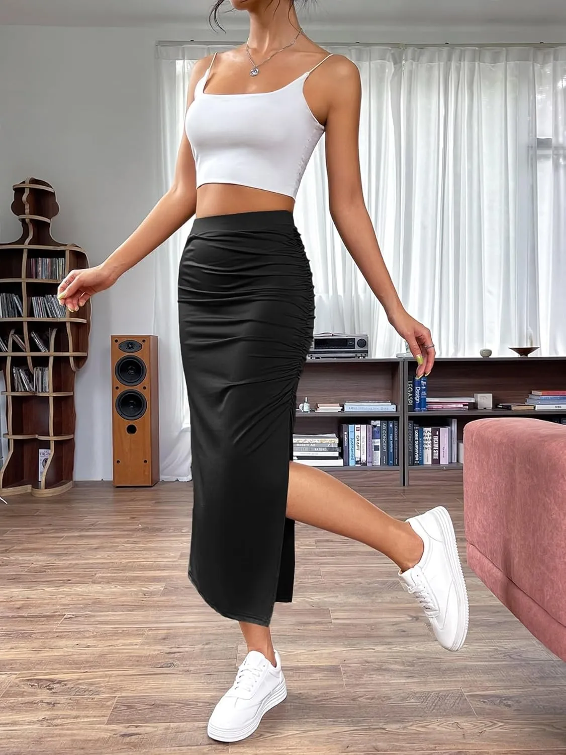 Maxi Skirts for Women High Waist Ruched Slit Ruched Side Skirt