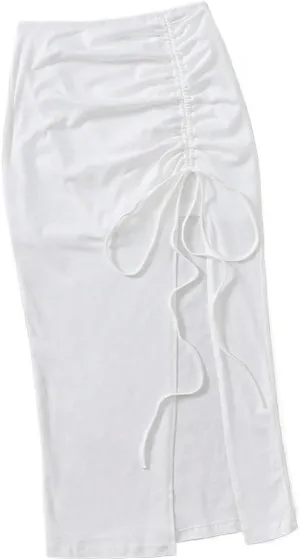 Maxi Skirts for Women Solid Ruched Drawstring Slit Summer Beach Skirt