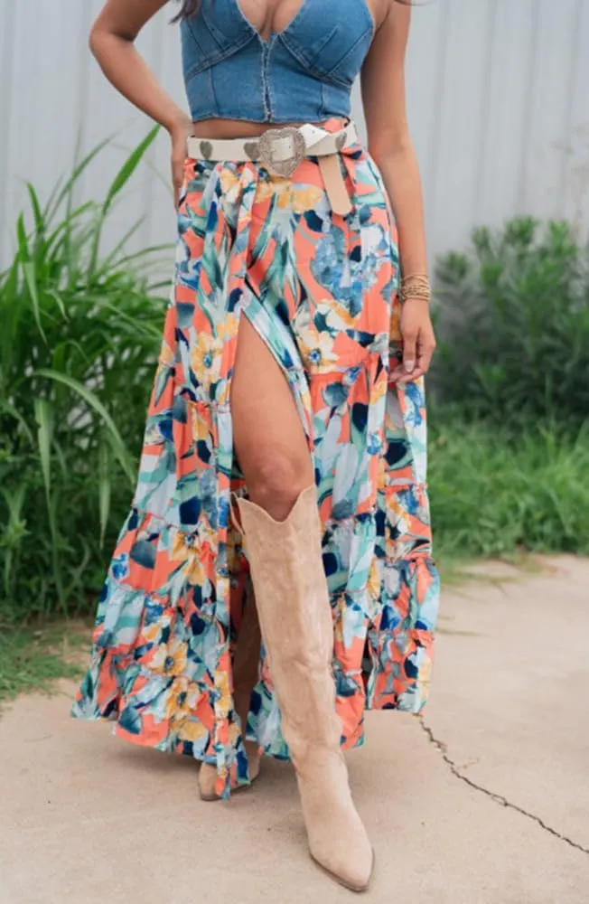 Melliflo Womens Summer Boho Skirts Ruffle Flowy Maxi Floral Skirt Teens High Waisted Slit Long Skirt