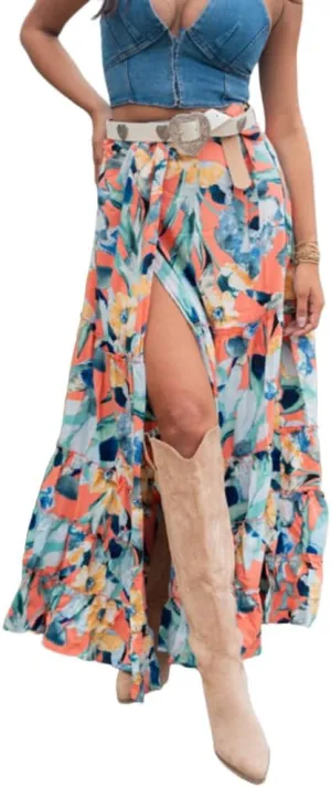 Melliflo Womens Summer Boho Skirts Ruffle Flowy Maxi Floral Skirt Teens High Waisted Slit Long Skirt