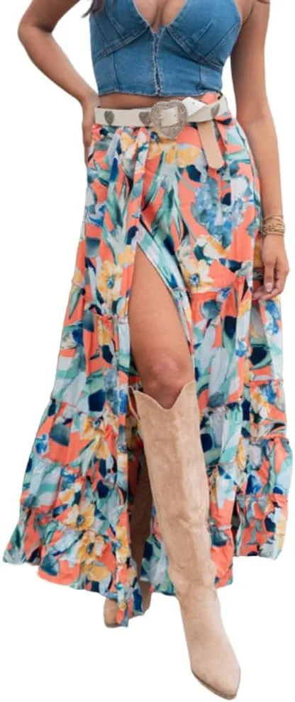 Melliflo Womens Summer Boho Skirts Ruffle Flowy Maxi Floral Skirt Teens High Waisted Slit Long Skirt