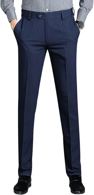 Men Slim Elastic Straight Business Casual Trousers Tapered Pants No Iron Classic Expandable Waist Pants