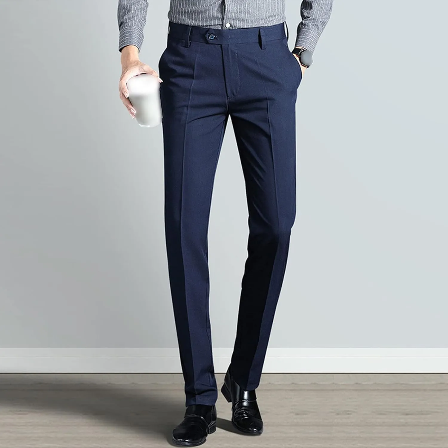 Men Slim Elastic Straight Business Casual Trousers Tapered Pants No Iron Classic Expandable Waist Pants