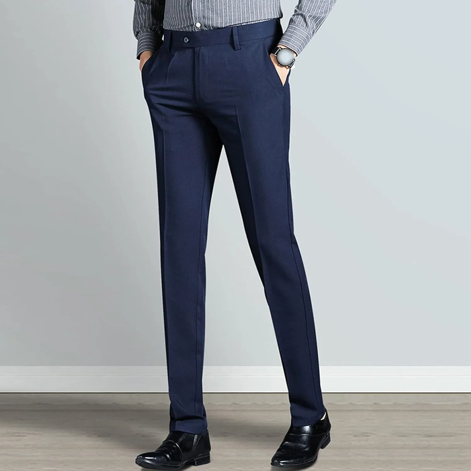Men Slim Elastic Straight Business Casual Trousers Tapered Pants No Iron Classic Expandable Waist Pants