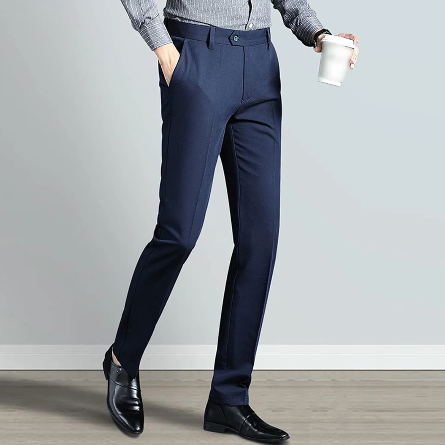 Men Slim Elastic Straight Business Casual Trousers Tapered Pants No Iron Classic Expandable Waist Pants