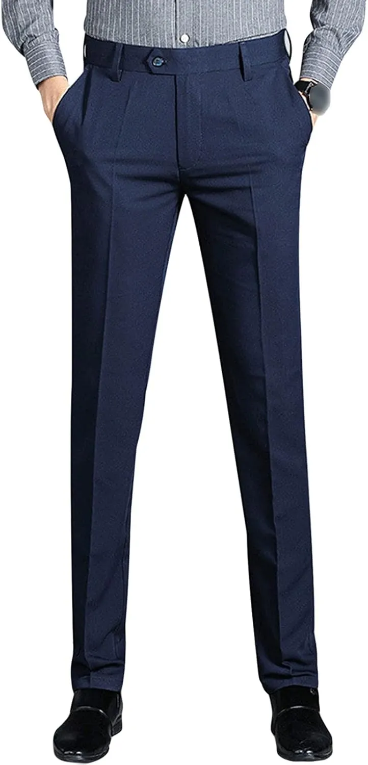 Men Slim Elastic Straight Business Casual Trousers Tapered Pants No Iron Classic Expandable Waist Pants