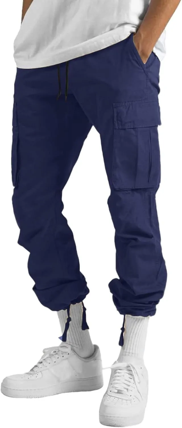 Mens Casual Cargo Baggy Joggers with Flap Pockets Hiking Workout Sweatpants Elastic Waist Drawstring Cotton Trousers