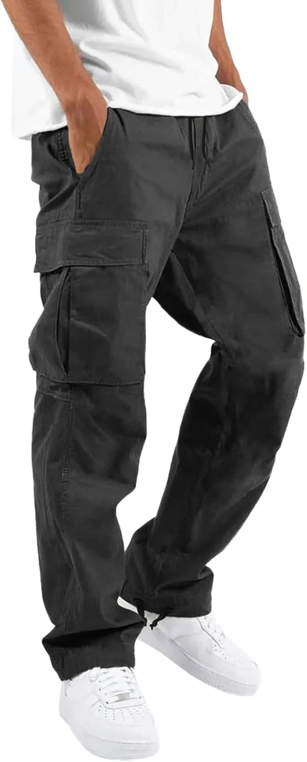 Mens Casual Cargo Baggy Joggers with Flap Pockets Hiking Workout Sweatpants Elastic Waist Drawstring Cotton Trousers