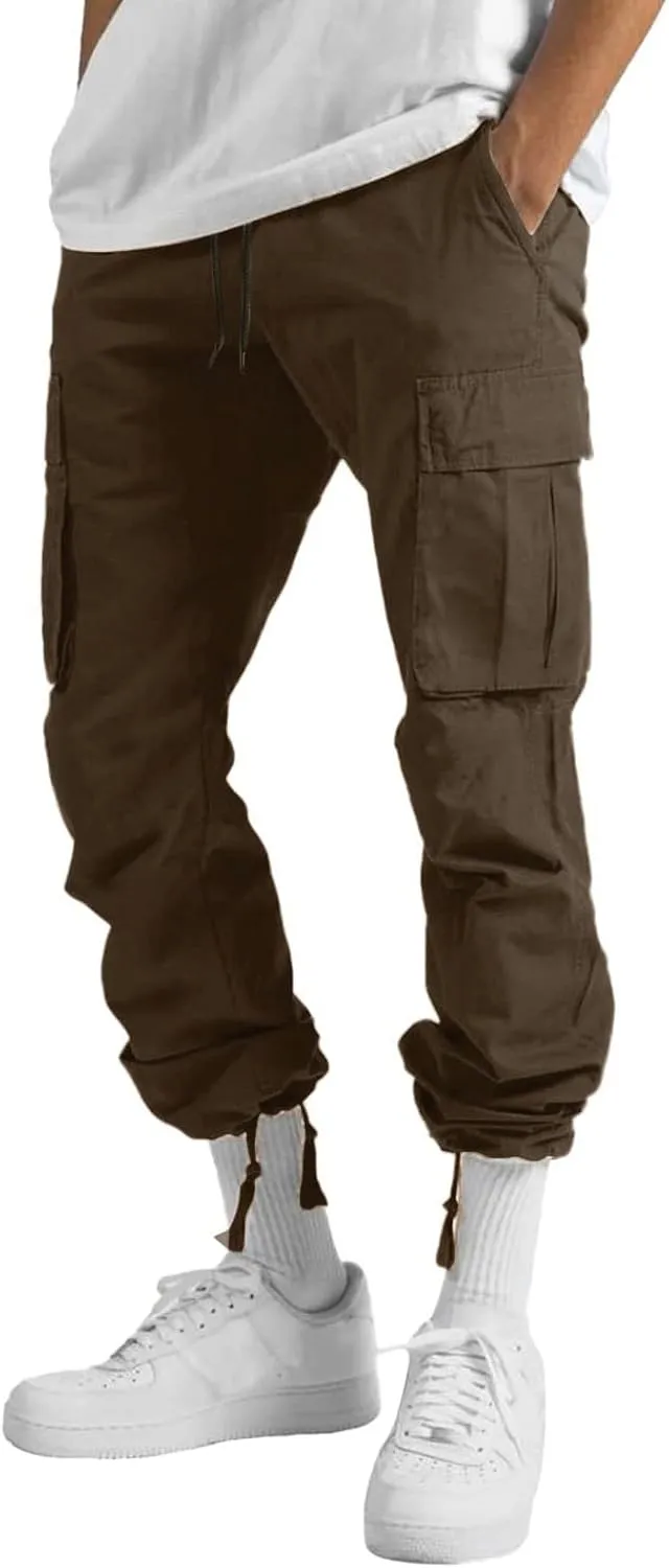 Mens Casual Cargo Baggy Joggers with Flap Pockets Hiking Workout Sweatpants Elastic Waist Drawstring Cotton Trousers