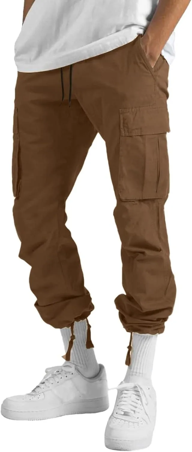 Mens Casual Cargo Baggy Joggers with Flap Pockets Hiking Workout Sweatpants Elastic Waist Drawstring Cotton Trousers