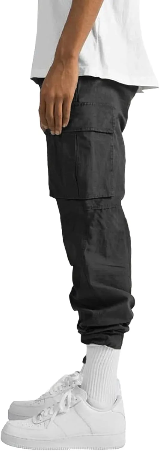 Mens Casual Cargo Baggy Joggers with Flap Pockets Hiking Workout Sweatpants Elastic Waist Drawstring Cotton Trousers