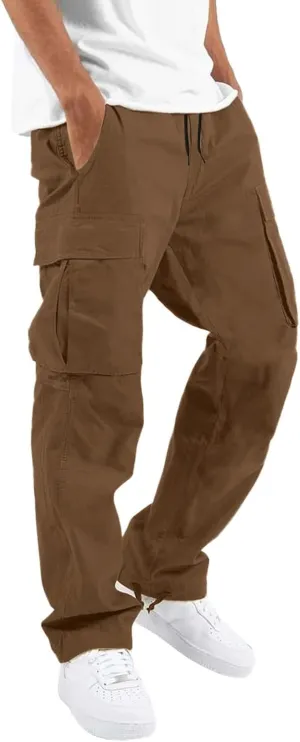 Mens Casual Cargo Baggy Joggers with Flap Pockets Hiking Workout Sweatpants Elastic Waist Drawstring Cotton Trousers