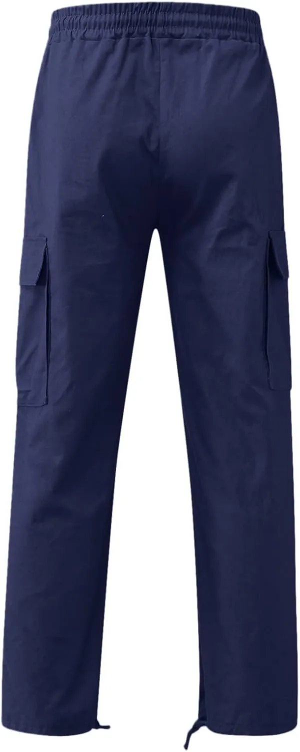 Mens Casual Cargo Baggy Joggers with Flap Pockets Hiking Workout Sweatpants Elastic Waist Drawstring Cotton Trousers