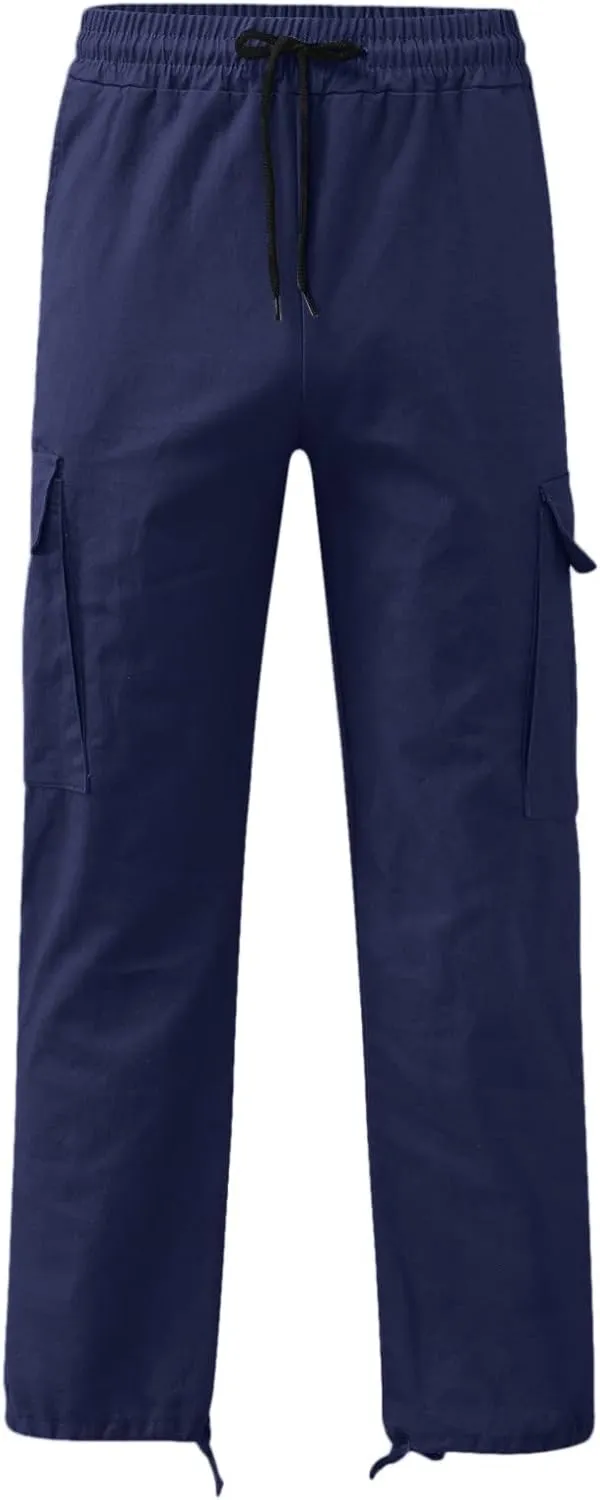 Mens Casual Cargo Baggy Joggers with Flap Pockets Hiking Workout Sweatpants Elastic Waist Drawstring Cotton Trousers
