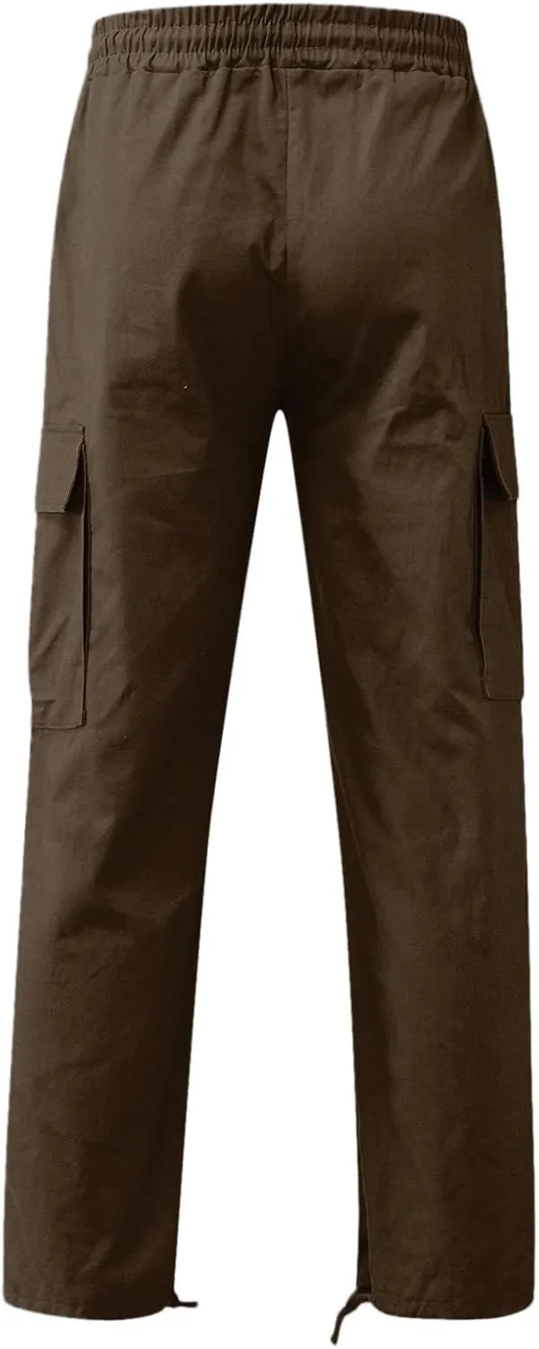 Mens Casual Cargo Baggy Joggers with Flap Pockets Hiking Workout Sweatpants Elastic Waist Drawstring Cotton Trousers