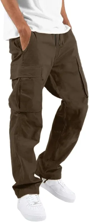 Mens Casual Cargo Baggy Joggers with Flap Pockets Hiking Workout Sweatpants Elastic Waist Drawstring Cotton Trousers