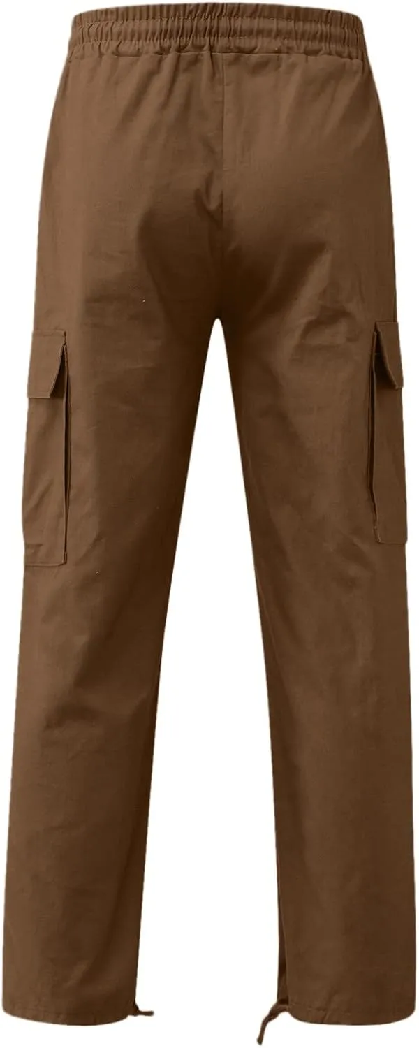 Mens Casual Cargo Baggy Joggers with Flap Pockets Hiking Workout Sweatpants Elastic Waist Drawstring Cotton Trousers