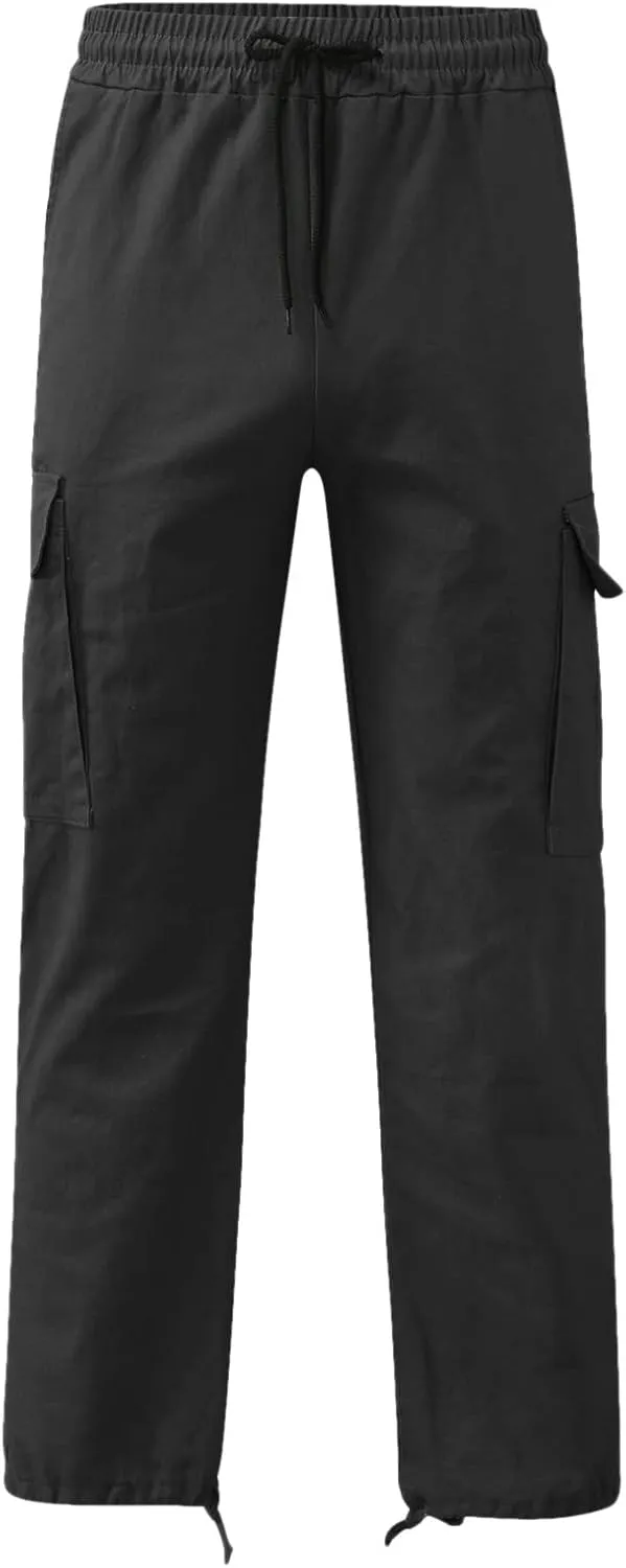Mens Casual Cargo Baggy Joggers with Flap Pockets Hiking Workout Sweatpants Elastic Waist Drawstring Cotton Trousers