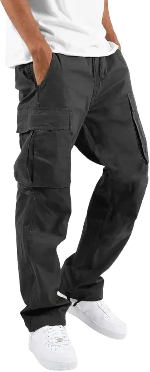 Mens Casual Cargo Baggy Joggers with Flap Pockets Hiking Workout Sweatpants Elastic Waist Drawstring Cotton Trousers