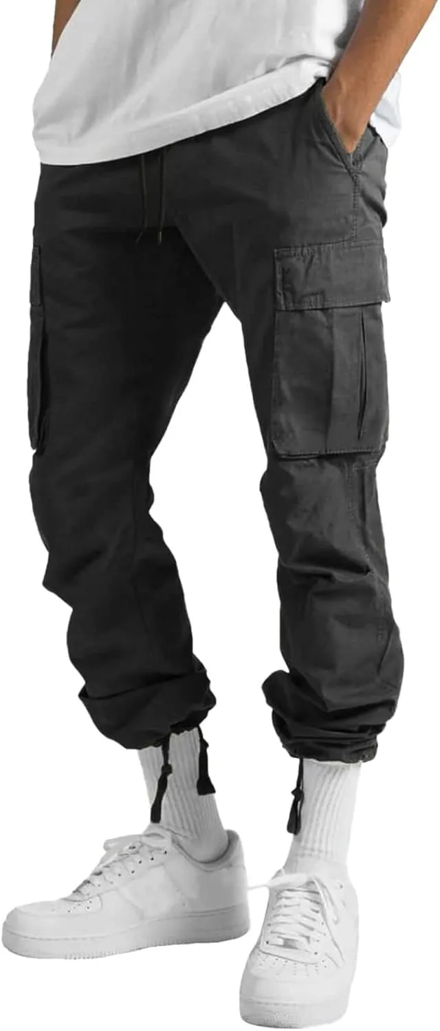 Mens Casual Cargo Baggy Joggers with Flap Pockets Hiking Workout Sweatpants Elastic Waist Drawstring Cotton Trousers