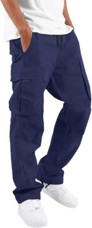 Mens Casual Cargo Baggy Joggers with Flap Pockets Hiking Workout Sweatpants Elastic Waist Drawstring Cotton Trousers