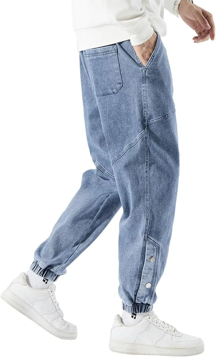 Men's Denim Joggers Jeans Cargo Pants Streetwear Hip Hop Sweatpants with Drawstring Waist
