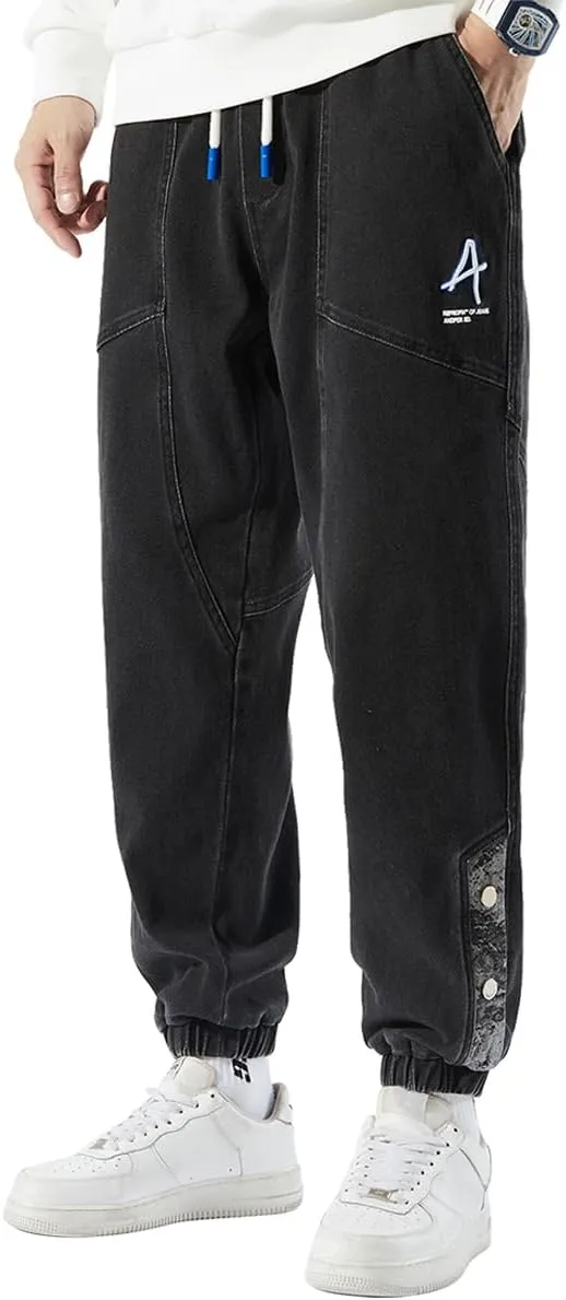 Men's Denim Joggers Jeans Cargo Pants Streetwear Hip Hop Sweatpants with Drawstring Waist