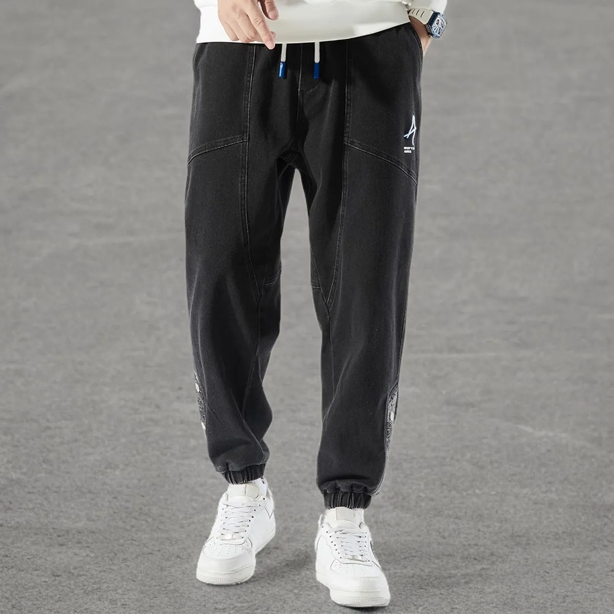 Men's Denim Joggers Jeans Cargo Pants Streetwear Hip Hop Sweatpants with Drawstring Waist