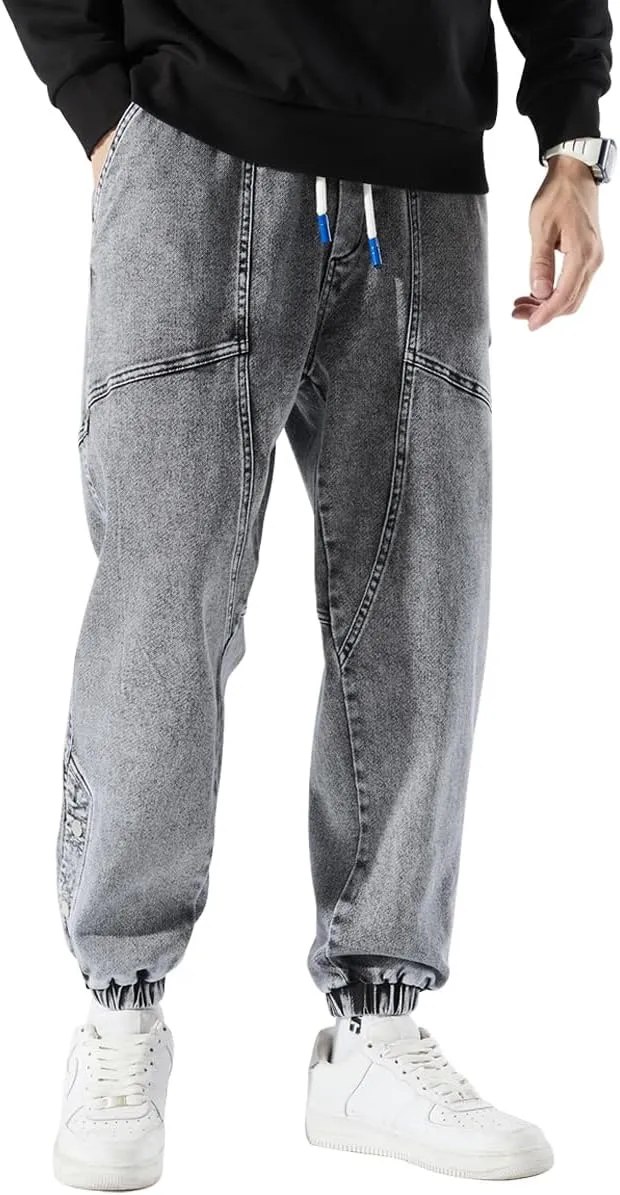 Men's Denim Joggers Jeans Cargo Pants Streetwear Hip Hop Sweatpants with Drawstring Waist