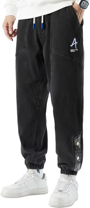 Men's Denim Joggers Jeans Cargo Pants Streetwear Hip Hop Sweatpants with Drawstring Waist